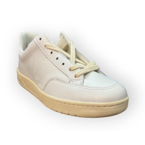 VEJA V-12 Mens Leather Sneakers Casual Shoes White Olive Accent Low Top - Picture 1 of 7